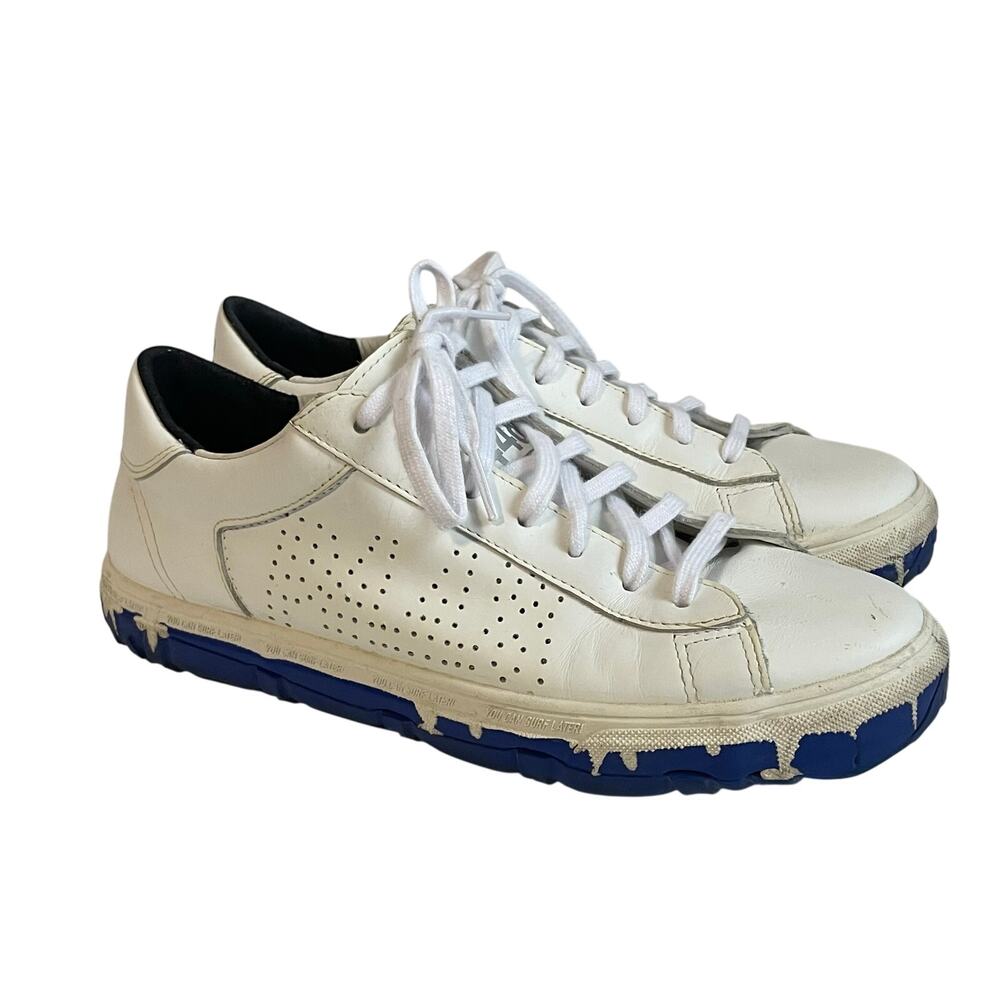 P448 Women's Leather Low Top Lace Up Sneaker Off White Blue US 7.5 EU 38